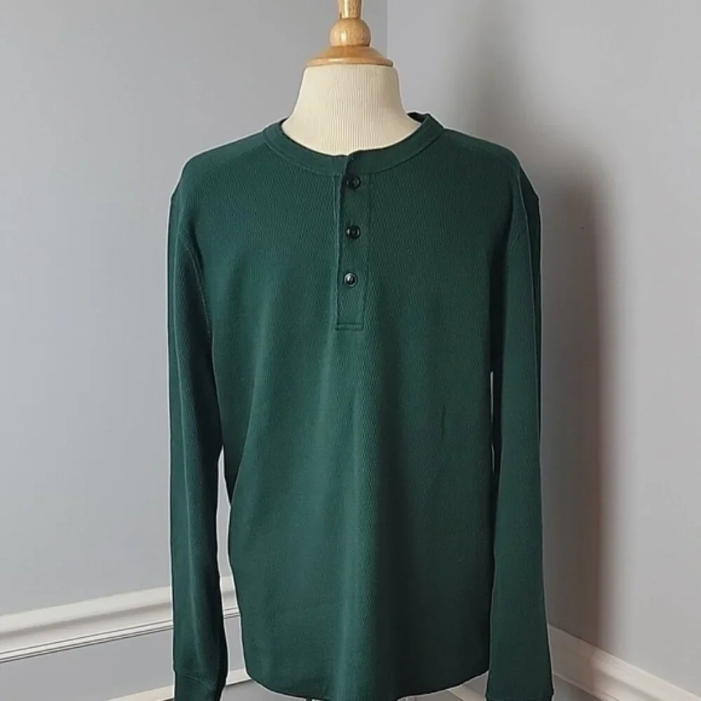 J.CREW Oarsman Hunter Green Three Button Thermal‎ Henley Preppy Casual Shirt M